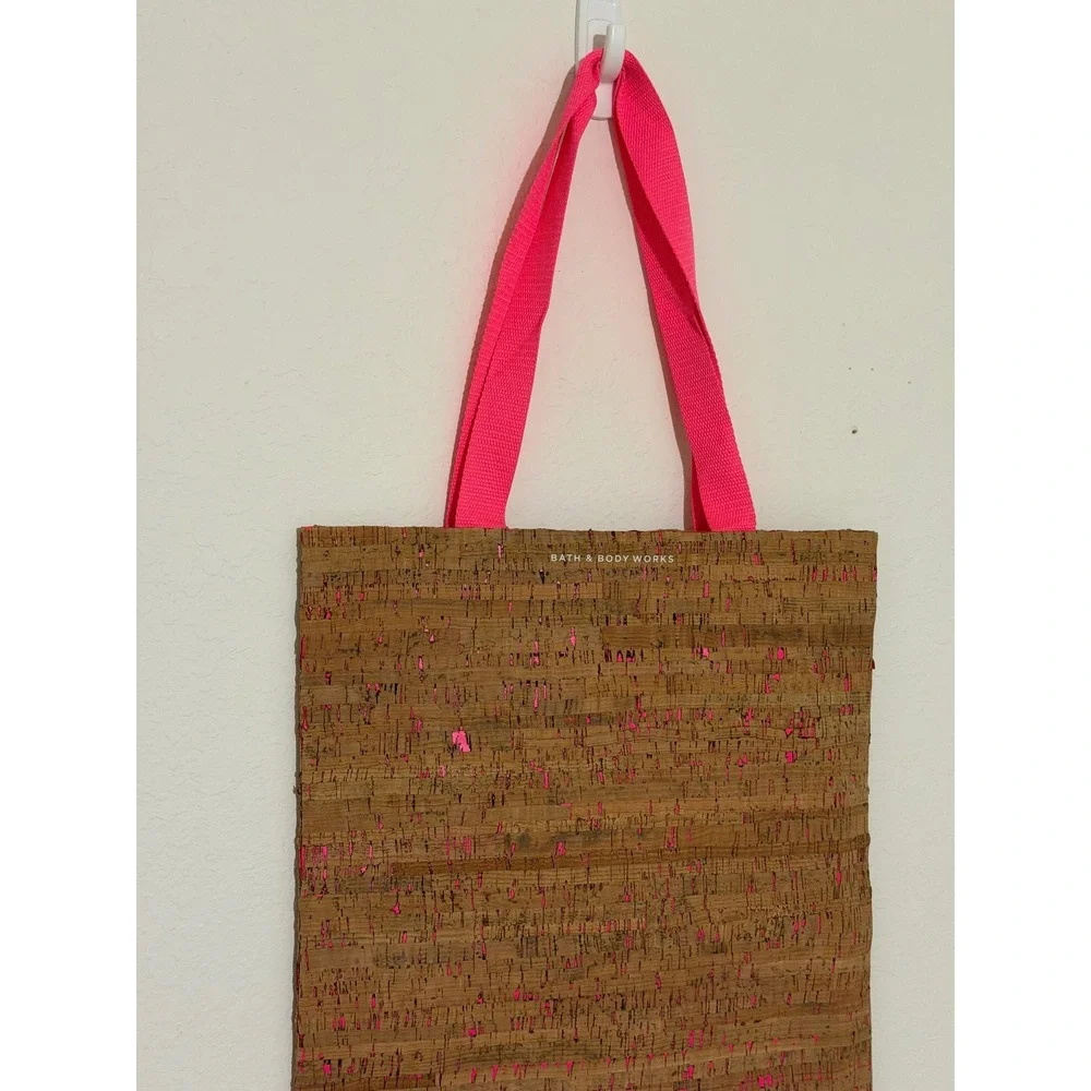 Bath & Body Works Cork Tote Bag Neon Pink Metallic Flecked Reusable Gift Bag NWT
